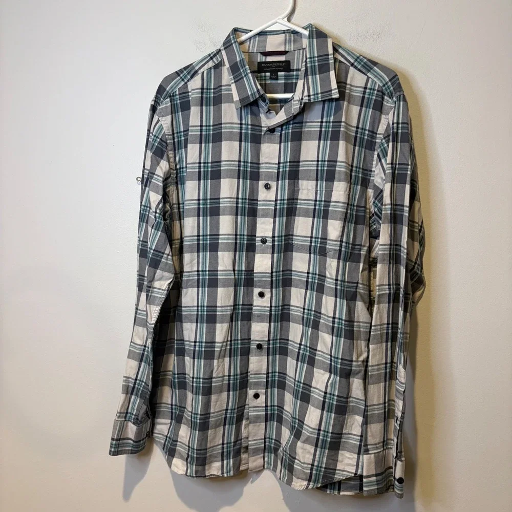 Banana Republic Lightweight Flannel Plaid‎ Button Down Shirt Mens Size L Preppy